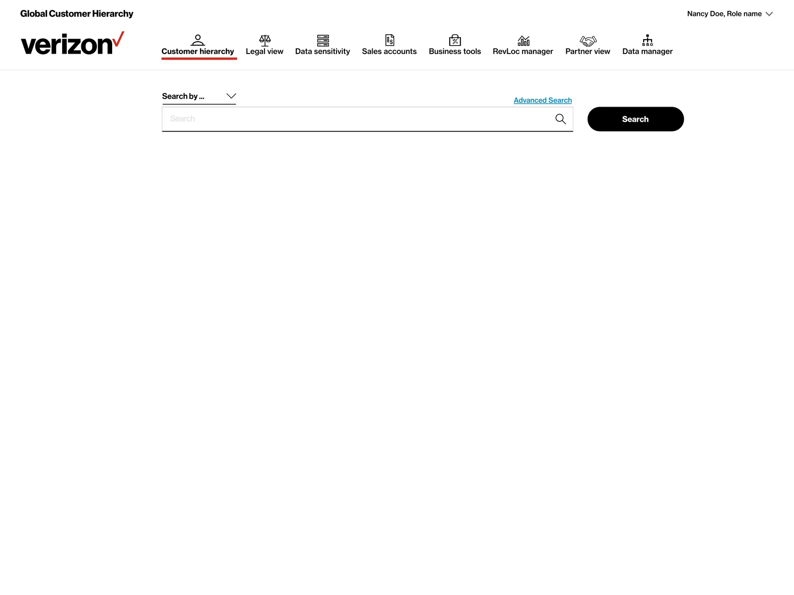 Empty Customer Hierarchy search screen. The carrier brand wordmark and primary navigation tabs (Customer hierarchy, Legal view, Data sensitivity, Sales accounts, Business tools, RevLoc manager, Partner view, Data manager) sit above a single Search by dropdown, an empty search field, an Advanced Search link, and a black Search button. The rest of the canvas is intentionally blank.