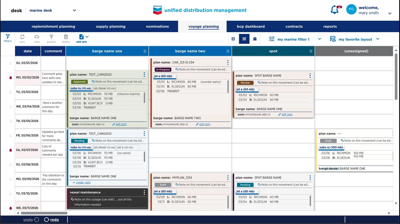 Marine desk voyage planning grid with a vertical date column and three barge columns plus an unassigned column. Each cell holds a movement card with plan name, status badge (Approved, Pending, In Progress, Review, Draft), product type and quantity (subo ru, uls diesel, jet a), load and discharge dates and locations, and editable notes. A vessel maintenance card occupies a separate day.