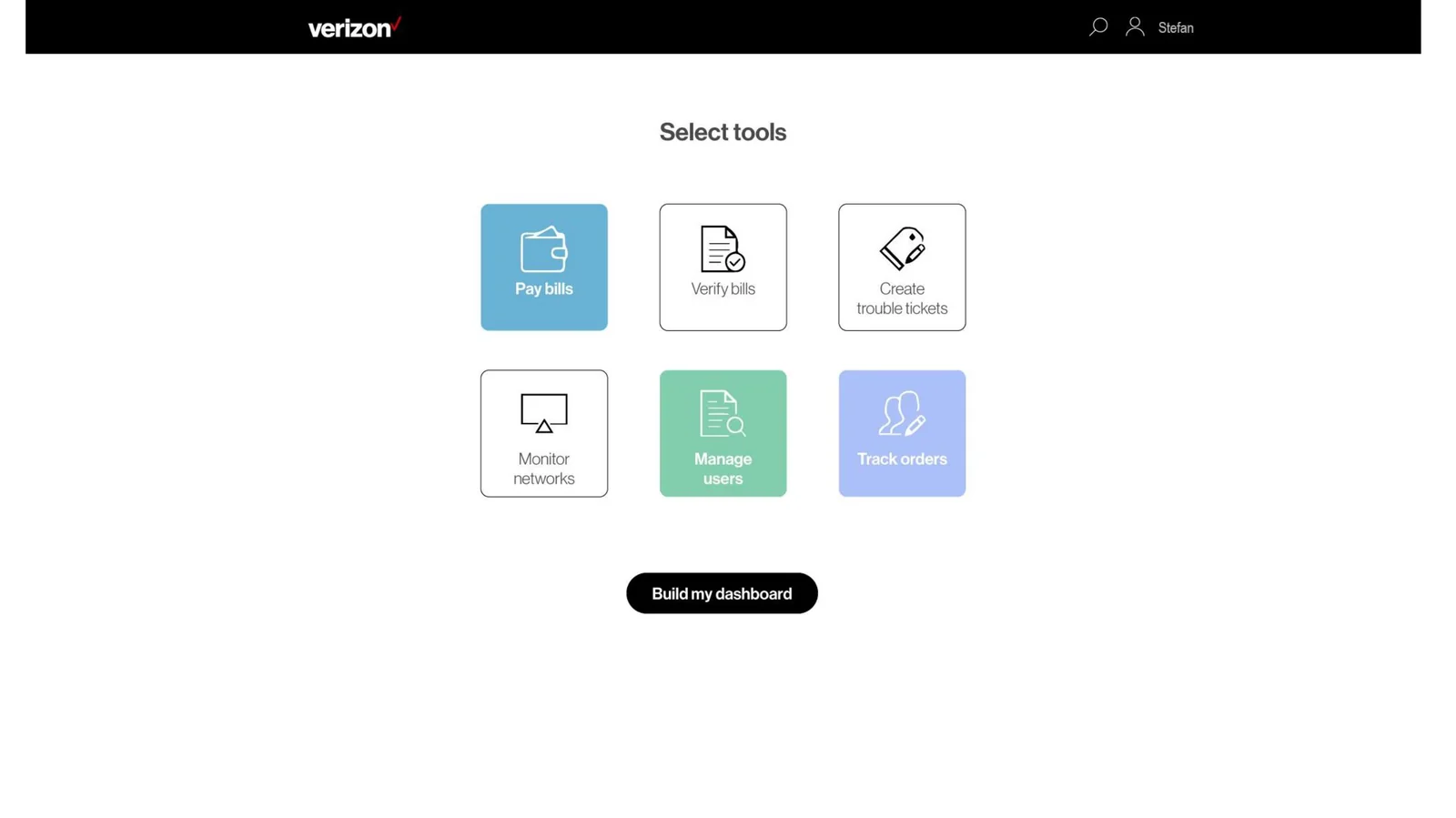 Verizon Enterprise Center Select tools screen. Six rectangular tool cards arranged in a two-by-three grid: Pay bills (filled blue), Verify bills (white outline with icon), Create trouble tickets (white outline with icon), Monitor networks (white outline with icon), Manage users (filled green), Track orders (filled lavender). A Build my dashboard black pill button sits below the grid.